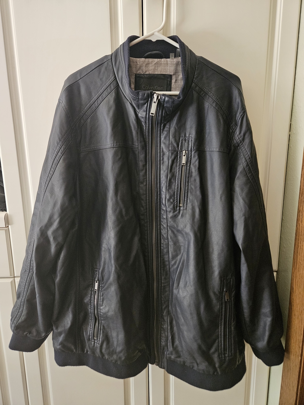Calvin Klein Tall XLT Navy Faux Leather Bomber Jacket 90s Minimalist Grunge Moto